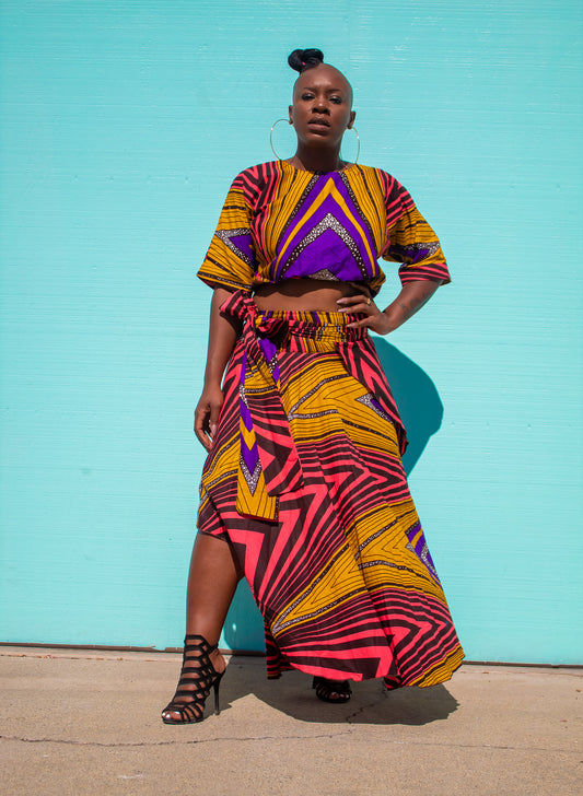 "Nkiru" is a Nigerian Igbo name meaning "the best is still to come."  Flare wrap maxi skirt.  100% cotton.